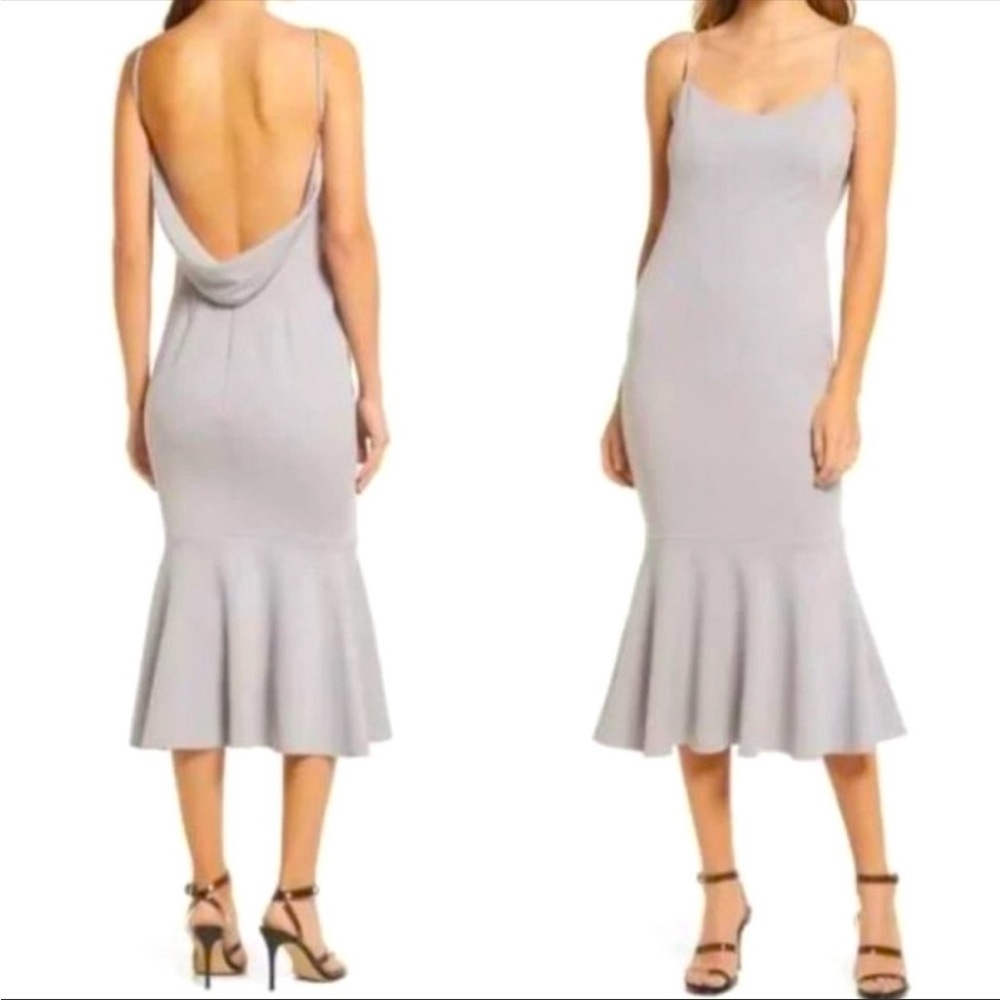 NWT Katie May Twirl Cowl Drape Back Midi Ruffle Dress in Dove Gray, size XL